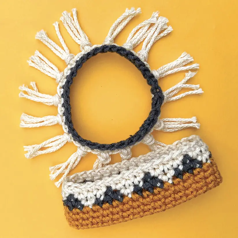 Use your scrap yarn to make the fringe crochet bracelet and mountain crochet bracelet both included in the four piece Aztec Jewelry pattern set.