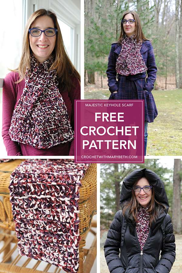 Get out the velvet yarn because here is a free crochet scarf pattern for you.  

The Majestic Keyhole Scarf is designed to be worn inside or outside.  

It looks great over a shirt or jacket. And for those weird super cold days in spring it lays nice and flat under a winter coat.  

#freecrochetpattern #crochetscarf #velvetyarn
