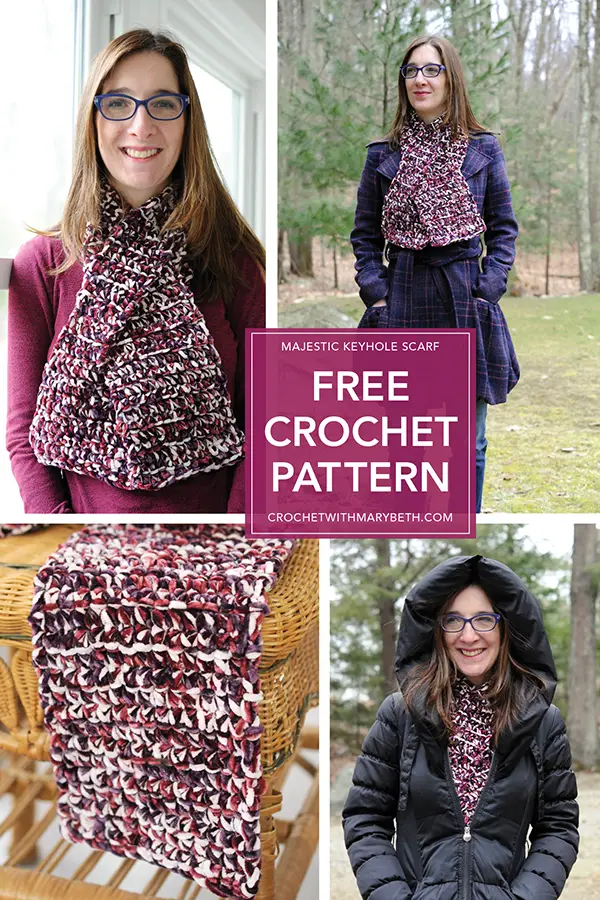 Get out the velvet yarn because here is a free crochet scarf pattern for you.
The Majestic Keyhole Scarf is designed to be worn inside or outside.
It looks great over a shirt or jacket. And for those weird super cold days in spring it lays nice and flat under a winter coat.
#freecrochetpattern #crochetscarf #velvetyarn