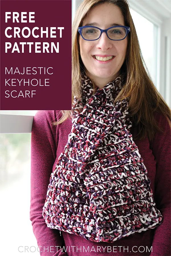 Get out the velvet yarn because here is a free crochet scarf pattern for you.
The Majestic Keyhole Scarf is designed to be worn inside or outside. It looks great over a shirt or jacket. And for those weird super cold days in spring it lays nice and flat under a winter coat.
#freecrochetpattern #crochetscarf #velvetyarn