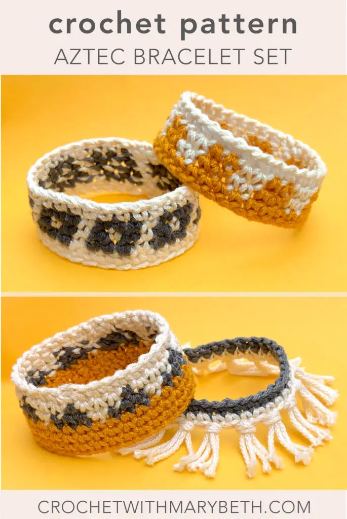 Four piece crochet Bracelet set pattern inspired by Aztec symbols.