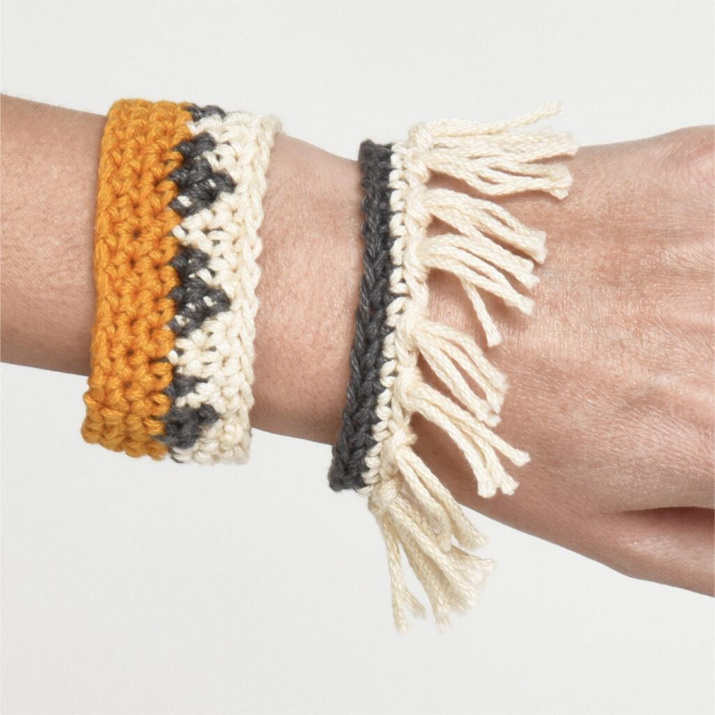 Aztec Mountain Crochet Bracelets.  Two of the four bracelet patterns included in the crochet jewelry set.