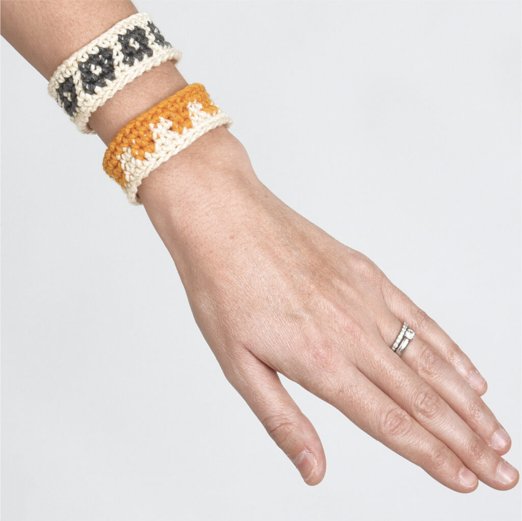 Aztec Diamond Crochet Bracelets. Two of the bracelets included in the crochet jewelry set.
