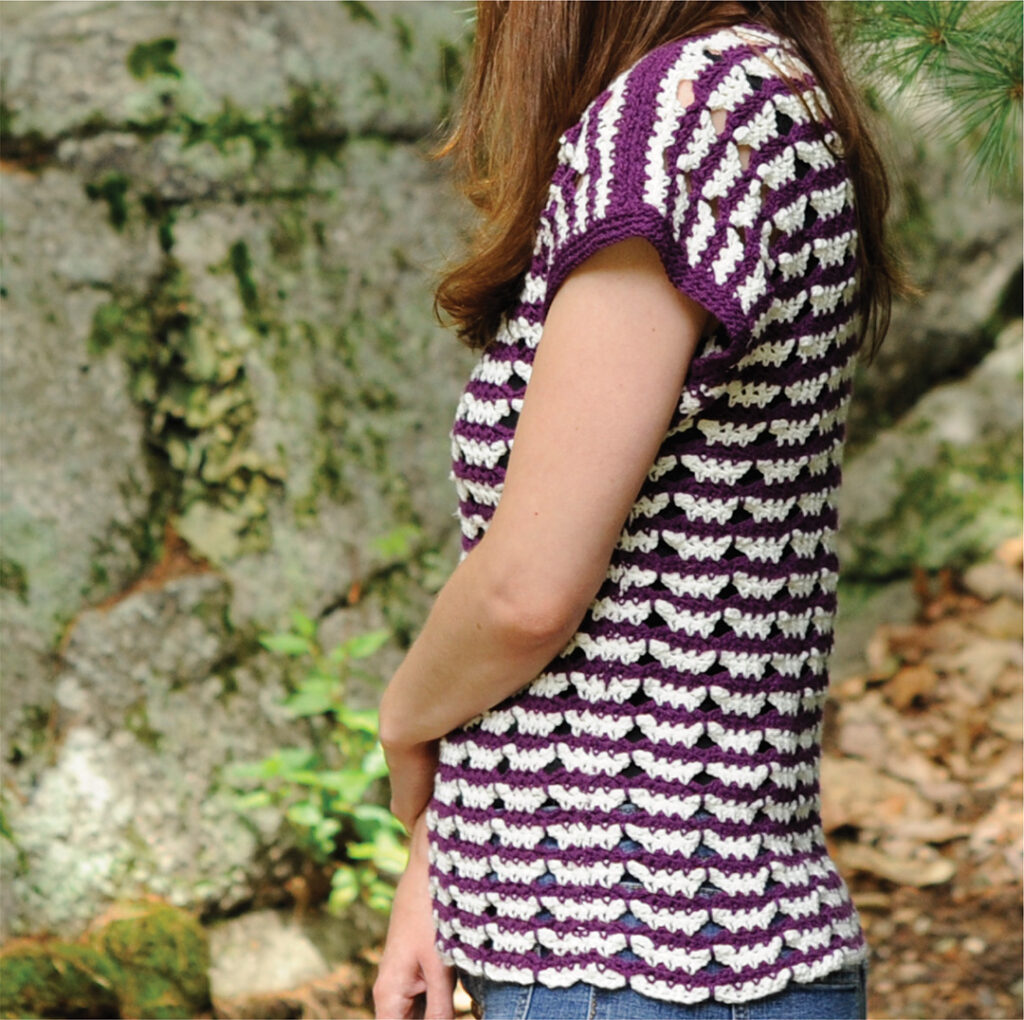 Here you can see the Butterfly Stripe Tee from the side. This pattern from Crochet with Mary Beth is fun, quick, and stylish. Click through to see more pictures and a description on the blog.