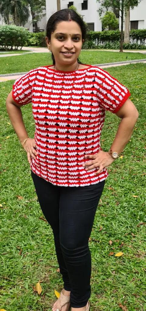 Butterfly Striped Tee by tester Srujana Yenugula.  Click through to find out more about this fun crochet pattern.