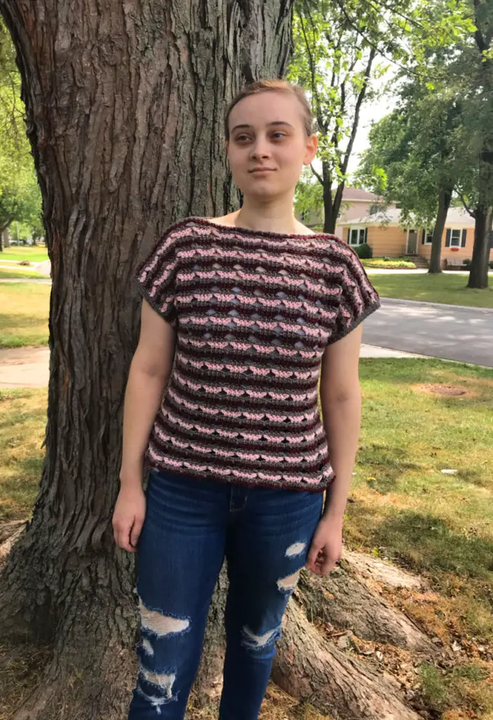 Butterfly Striped Tee by tester Hollyann Mendlar.  Click through to find out more about this fun crochet pattern.