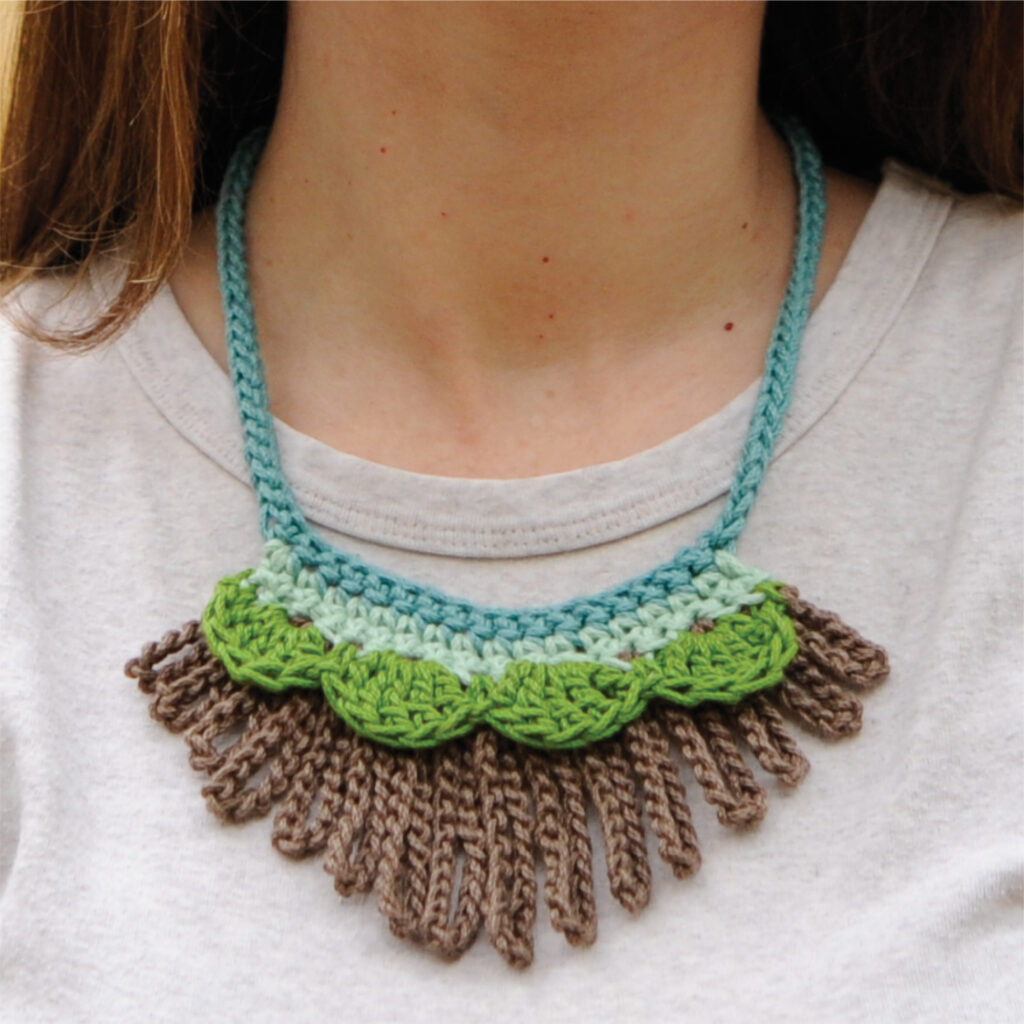 Close-up of the Loopy Worsted Necklace.  A quick crochet pattern that will fit easily into your limited "me time."