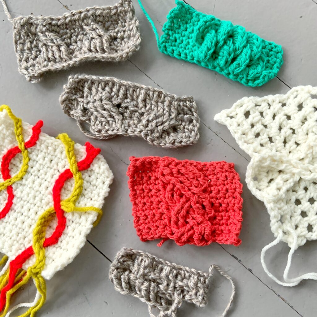 Samples from Robyn Chachula's Cables class at the crochet conference Stitches at Home