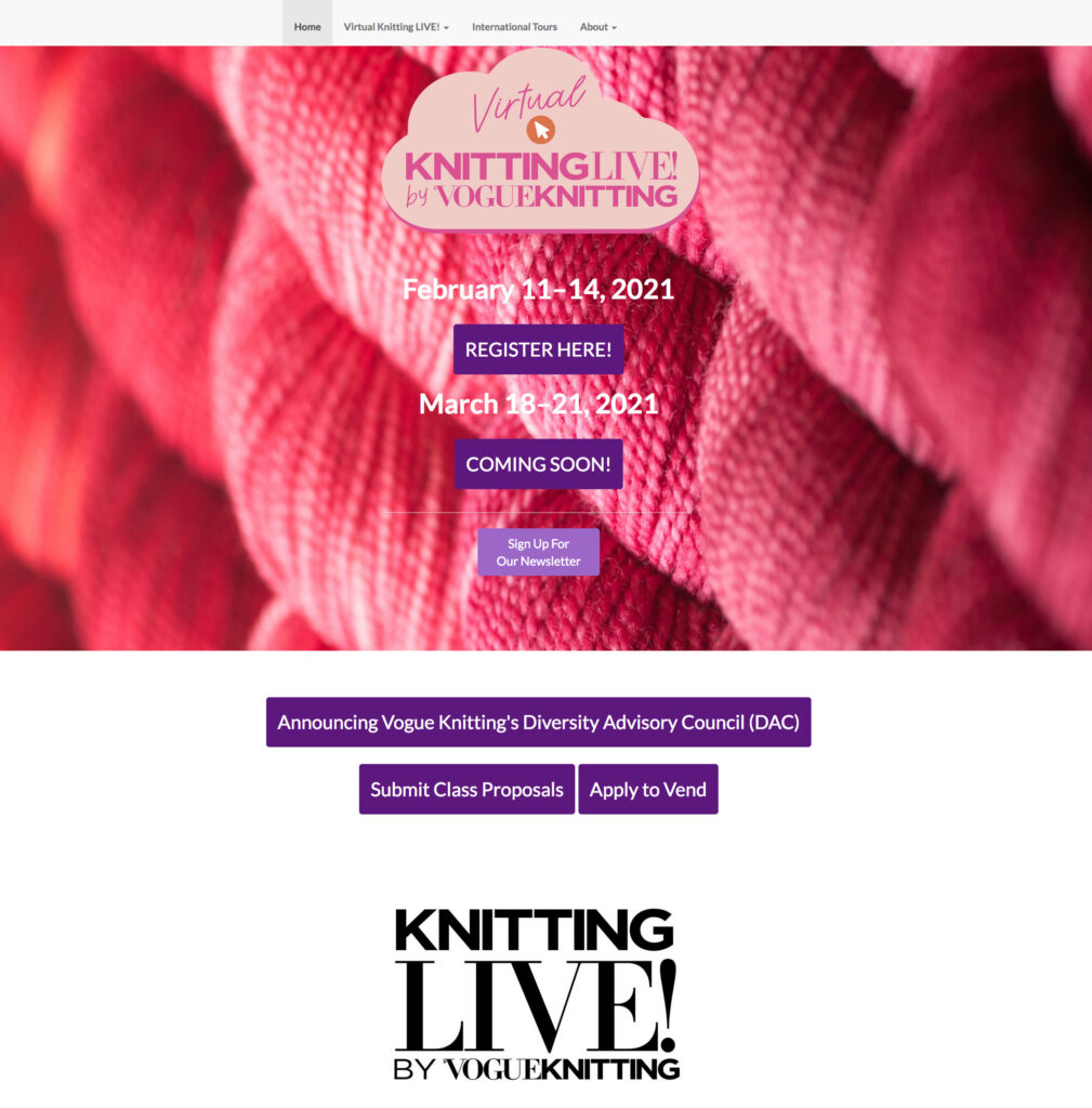 A screen shot of Vogue Knitting Lives! virtual sign up page.