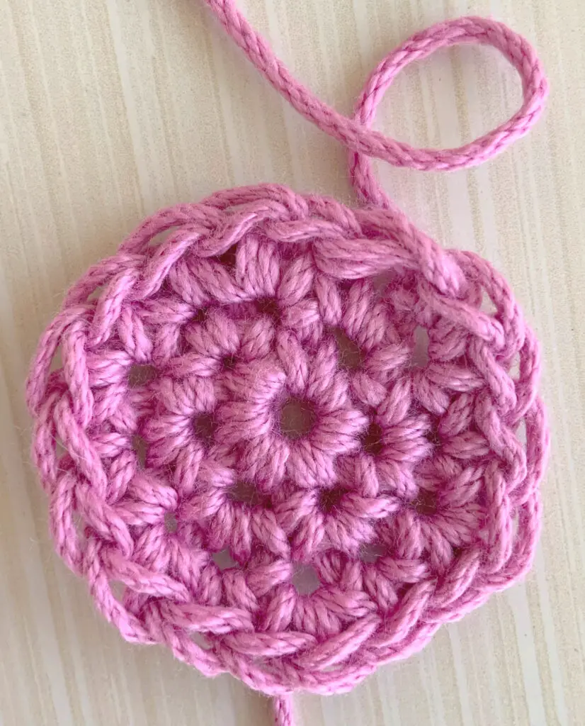 A circle worked in the round, finished with the invisible join.