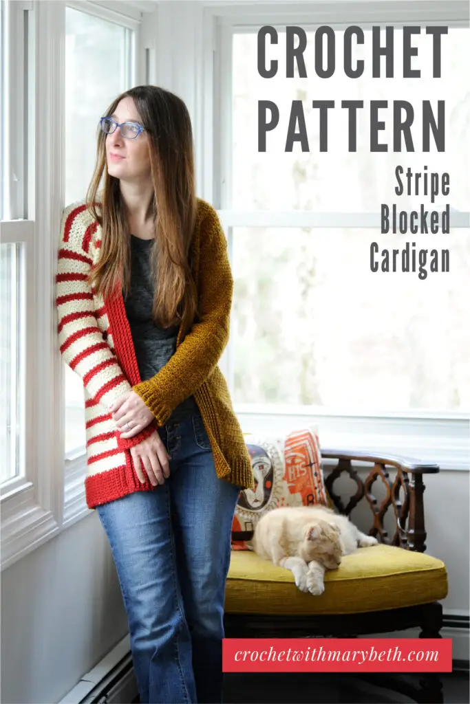 Are you looking for a unique eye catching cardigan to make and wear? Then let me introduce you to the Stripe Blocked Cardigan. It's designed by me, Mary Beth, the designer behind Crochet with Mary Beth. I've dedicated my crochet design career to making crochet clothing and accessory patterns you've never seen before that will inspire you and get you compliments from strangers. The pattern comes in sizes XS - 5X and is made with worsted weight yarn. Click through to buy the pattern.