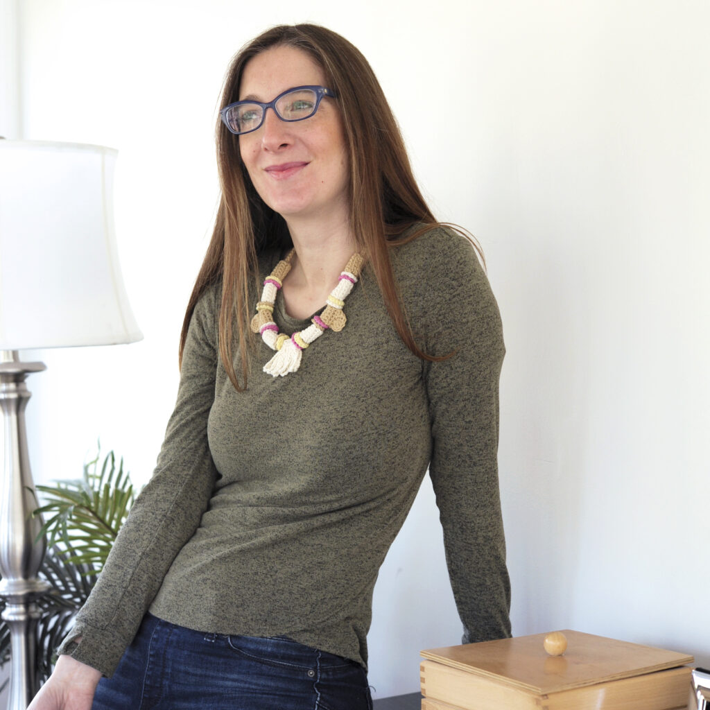 Mod Crocheted Bead Necklace being modeled by Mary Beth Cryan.