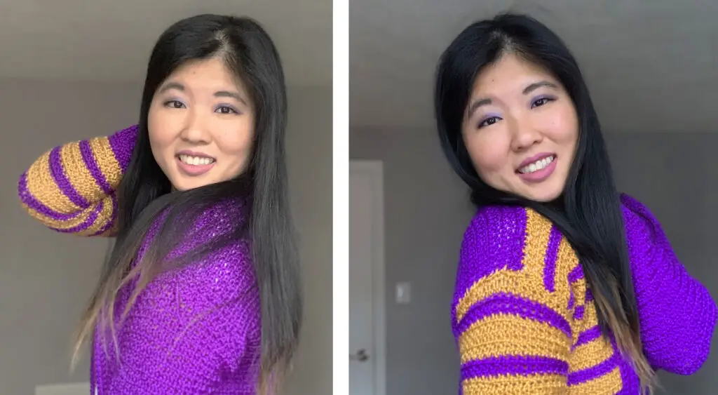Cynthia looking glamorous in her funkky colorful crochet cardigan.