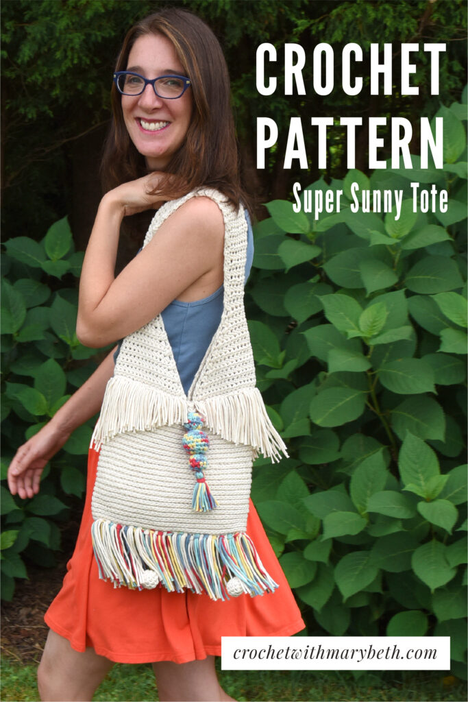 The Super Sunny Crochet Tote pattern's beautiful stitch, funky tassels, shaped fringe, and decorative balls will bring you sunshine on even the cloudiest of days.