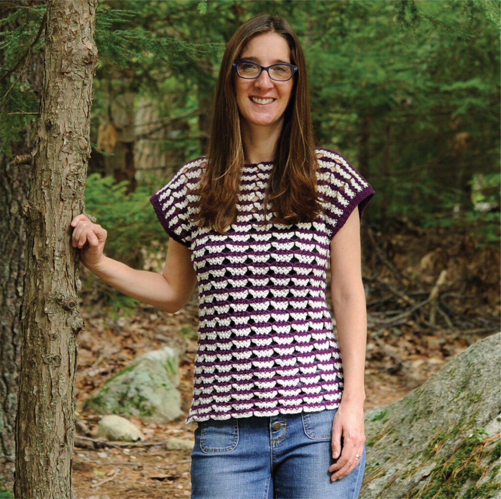 Mary Beth Cryan from Crochet with Mary Beth modeling her My Butterfly Tee.  This top was featured in the Spring Bundle by Nicole Riley.  Click on the image to learn more about bundles.
