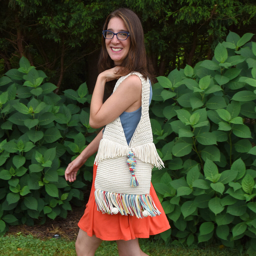 Mary Beth Cryan from Crochet with Mary Beth modeling her Super Sunny Crochet Tote pattern.