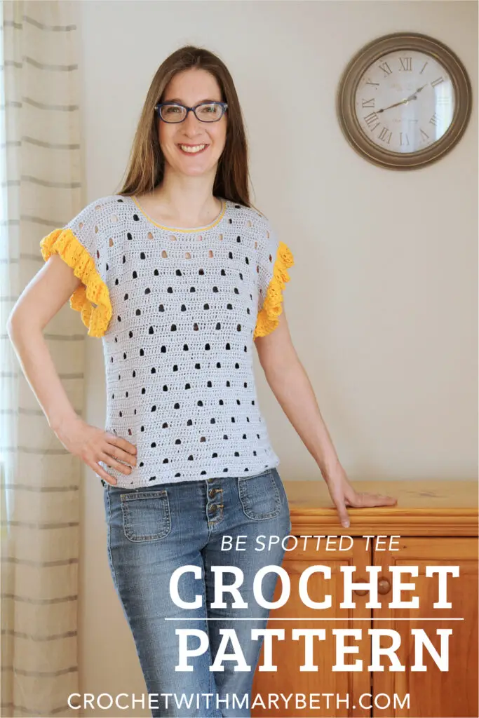 Continue to have fun crocheting during the warm weather without the discomfort of working on large bulky projects with hot yarn.  The Be Spotted Tee is a unique crochet tee that is perfect for making, wearing, and collecting compliments this summer.