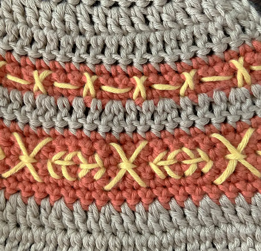 A very close up on the embroidery on the crochet yoke cardigan.