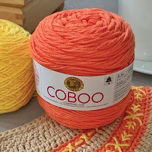 A cake of Coboo yarn.  Coboo yarn is made out of bamboo (a sustainable resource) which makes it a sustainable yarn.