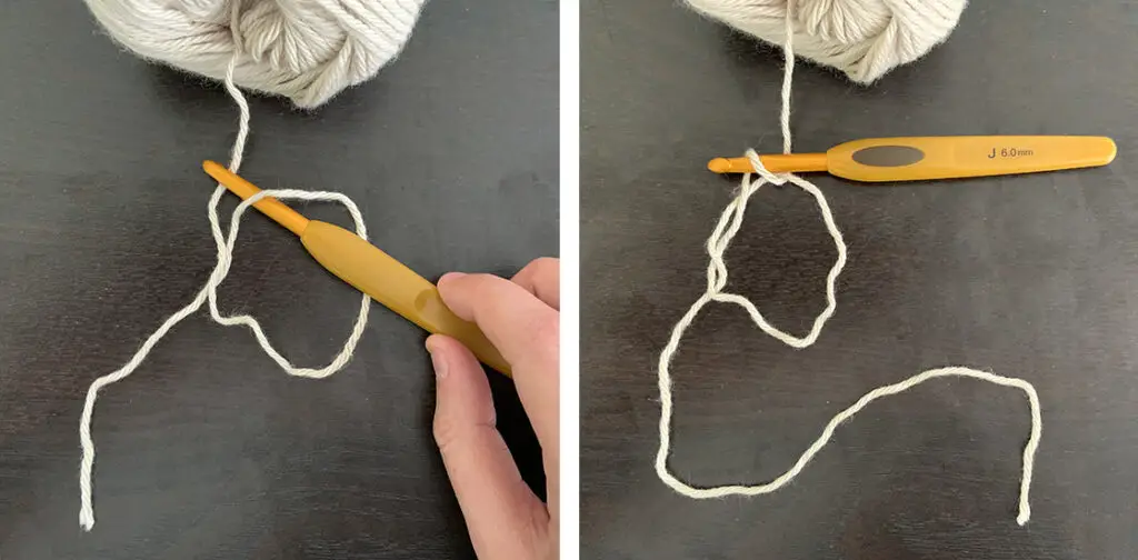 A crochet hook reaching through a yarn O and pulling up a loop to for a magic ring.