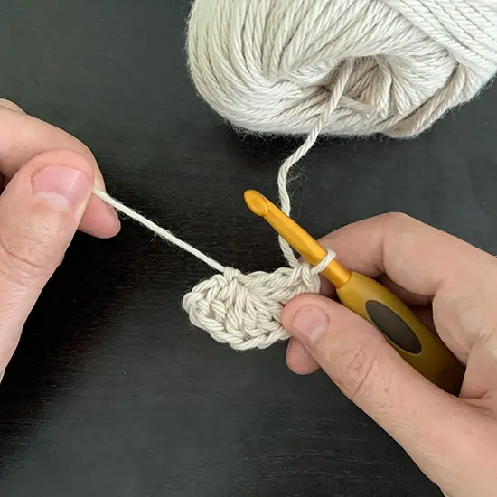 Two hands, one is pulling the tail of a crochet magic circle.  The other hand is holding eight double crochets.