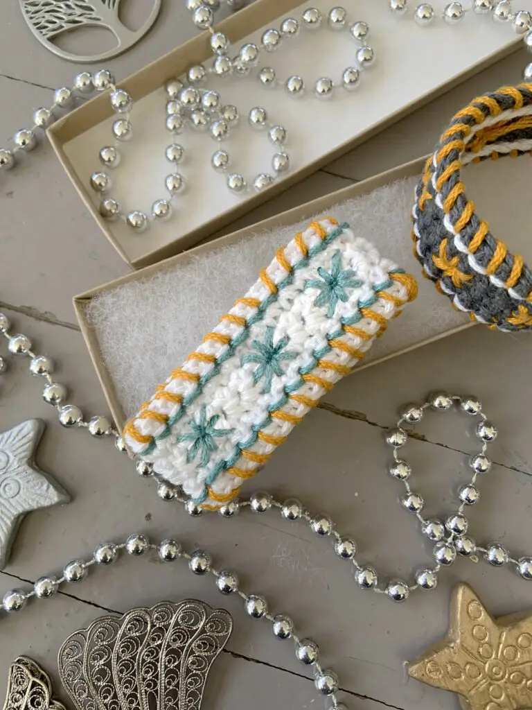 The Star Studded Bracelet makes a great crochet gift.  You only need 23 yards of worsted weight yarn and less than an hour to make one bracelet.  It is included in the Christmas gift bundle.