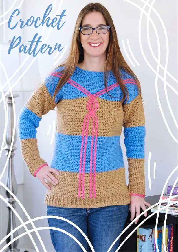 The Draw the Line Sweater is a crochet sweater pattern for women featuring a modern slip stitch surface crochet cable.  The crochet pullover pattern includes step-by-step video, photo, and written tutorials for this colorful crochet technique.  Find out more about the pattern on Crochet with Mary Beth.