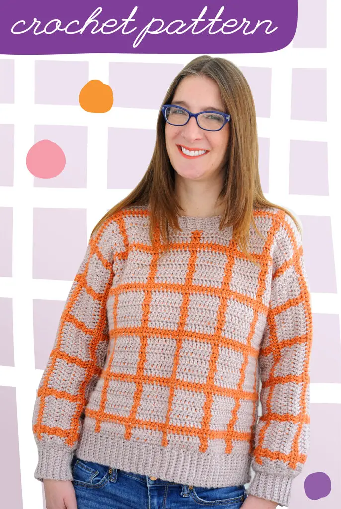 The Fair and Square Crochet Sweater Pattern is a fun modern crochet project.  The easy tapestry crochet in this crochet pullover pattern is the perfect touch.  If you want to add some unique crochet tops to crochet clothes collection this pattern is perfect for you.