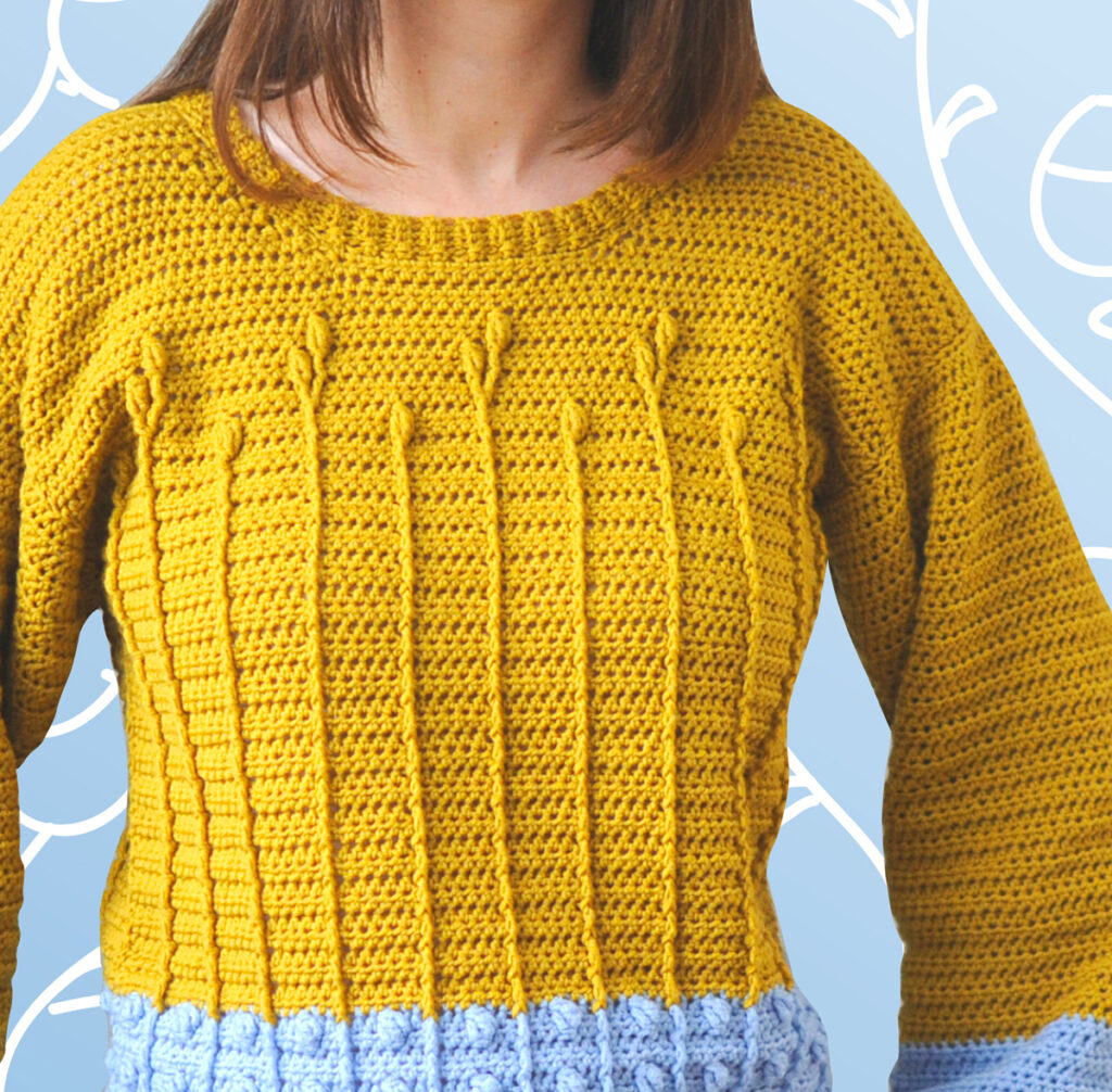 The front of the Best Buds Crochet pattern. A modern crochet pattern featuring a floral cable stitch pattern and bobble stitches.