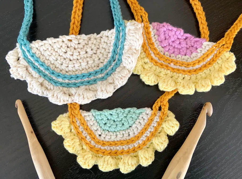Three Eight Bobble Crochet Necklaces made from a crochet jewelry pattern.  The necklaces make quick crochet gifts.