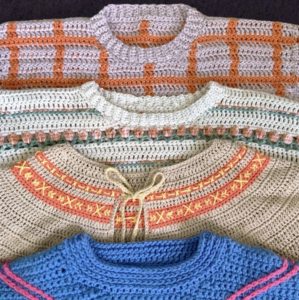 Four colorful sweaters. The modern color combinations for these sweaters were chosen using the Pantone color trend report.