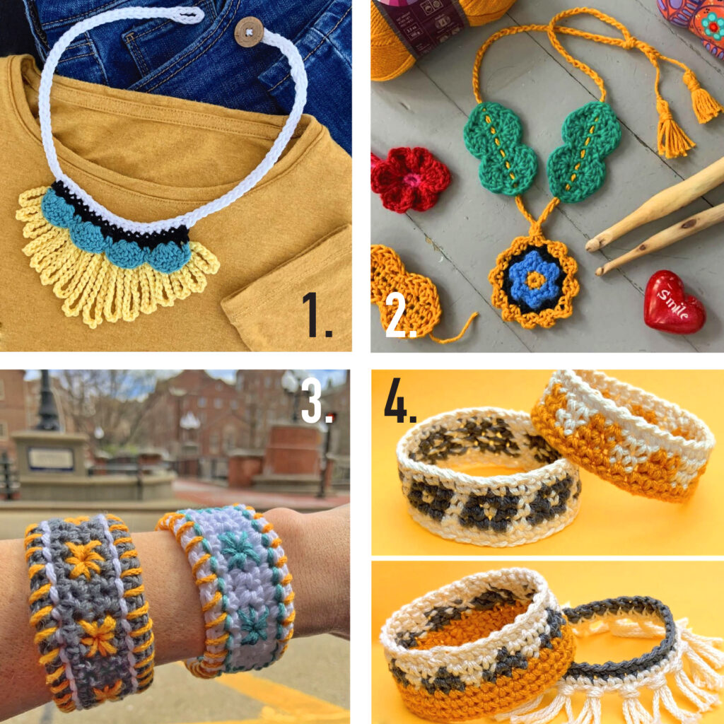 Four crochet jewelry patterns.