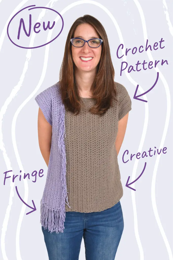 The Never Enough Fringe crochet top pattern is a fun and creative project.  It's a funky diy crochet top that is perfect for summer.  You'll feel special wearing this artist crochet pullover.