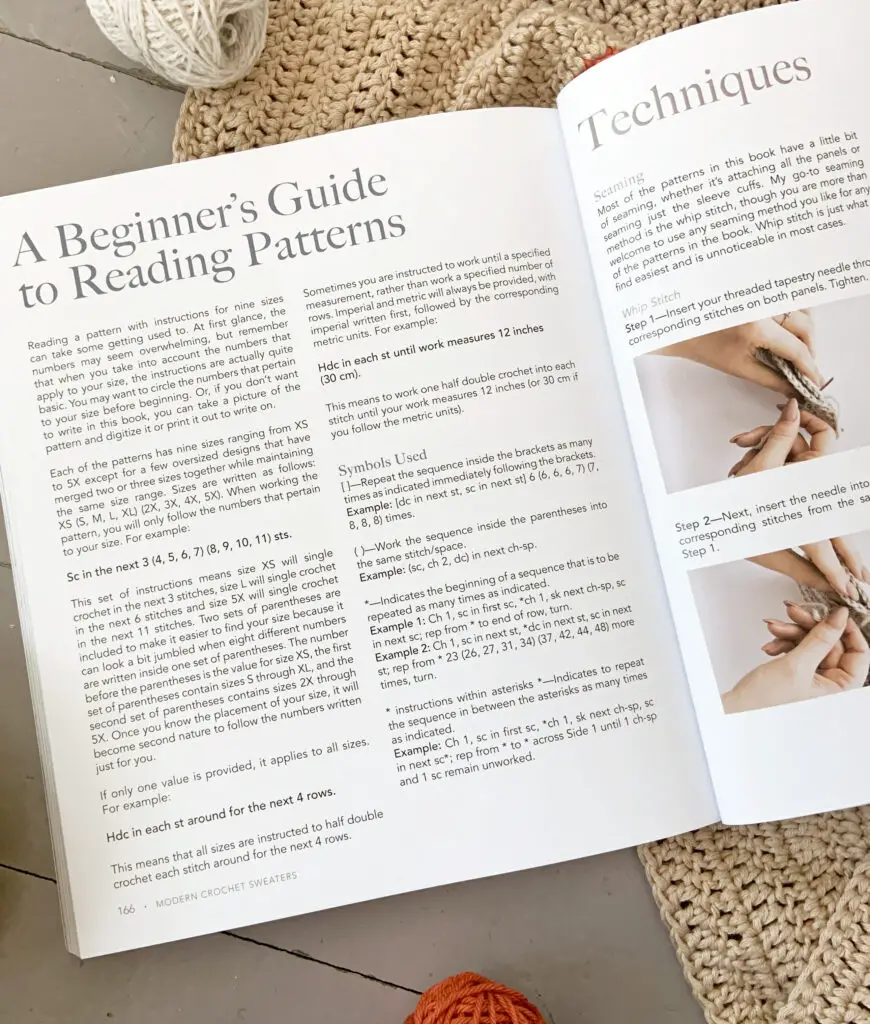 The technique section from Janine Myska's new book featuring 20 trendy crochet sweater patterns.
