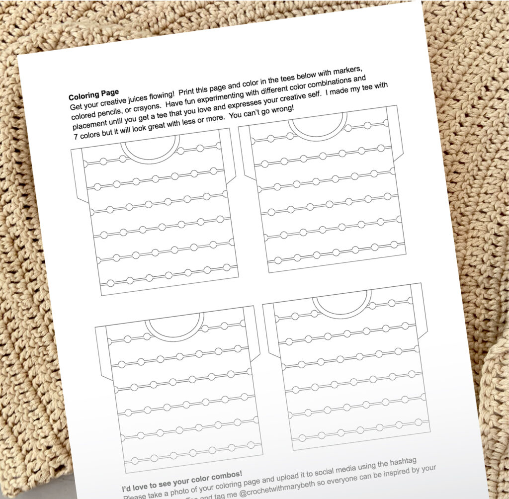 A coloring page for the Lean into Bobbles crochet top against a beige crocheted background.