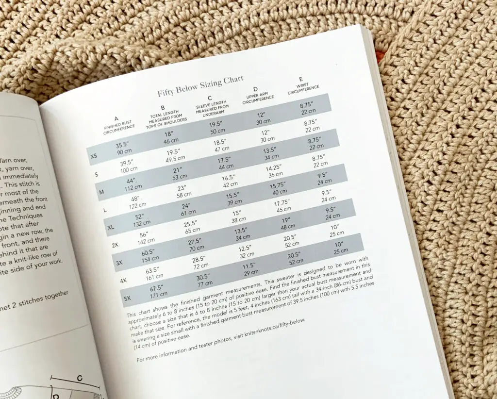 A sizing chart from Janine Myska's new book Modern Crochet Sweaters.