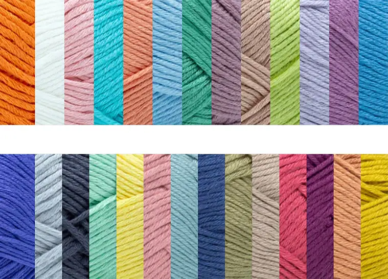 Swatches of the 27 colors that Lion Brand Truboo Yarn comes in.