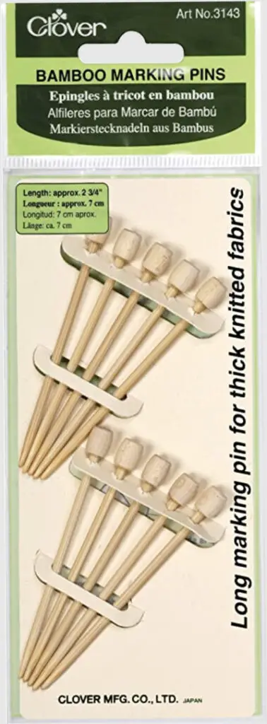 A package of clover Bamboo marking crochet pins. Pack is long and thin and holds 10 pins.