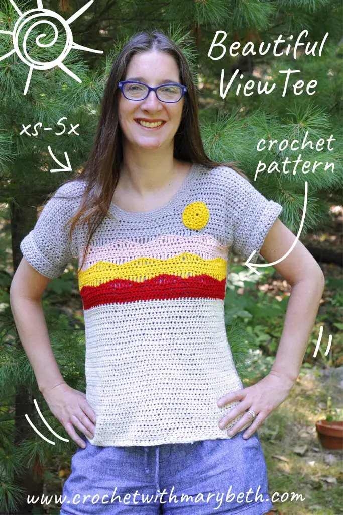 I just finished the last stitches on this Beautiful View Tee.  It's a creative and fun crochet t shirt pattern.  I think you will really like how quickly this crochet top pattern works up.  It is both relaxing and a creative challenge.  If you are looking for a new crochet top diy you will really like this project.  