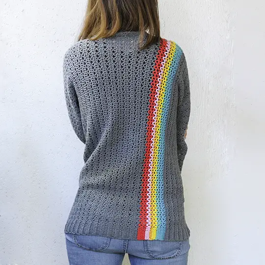 Back of the Rainbow In My Pocket Crochet Cardigan pattern. Cardigan is gray with a 6 color rainbow.